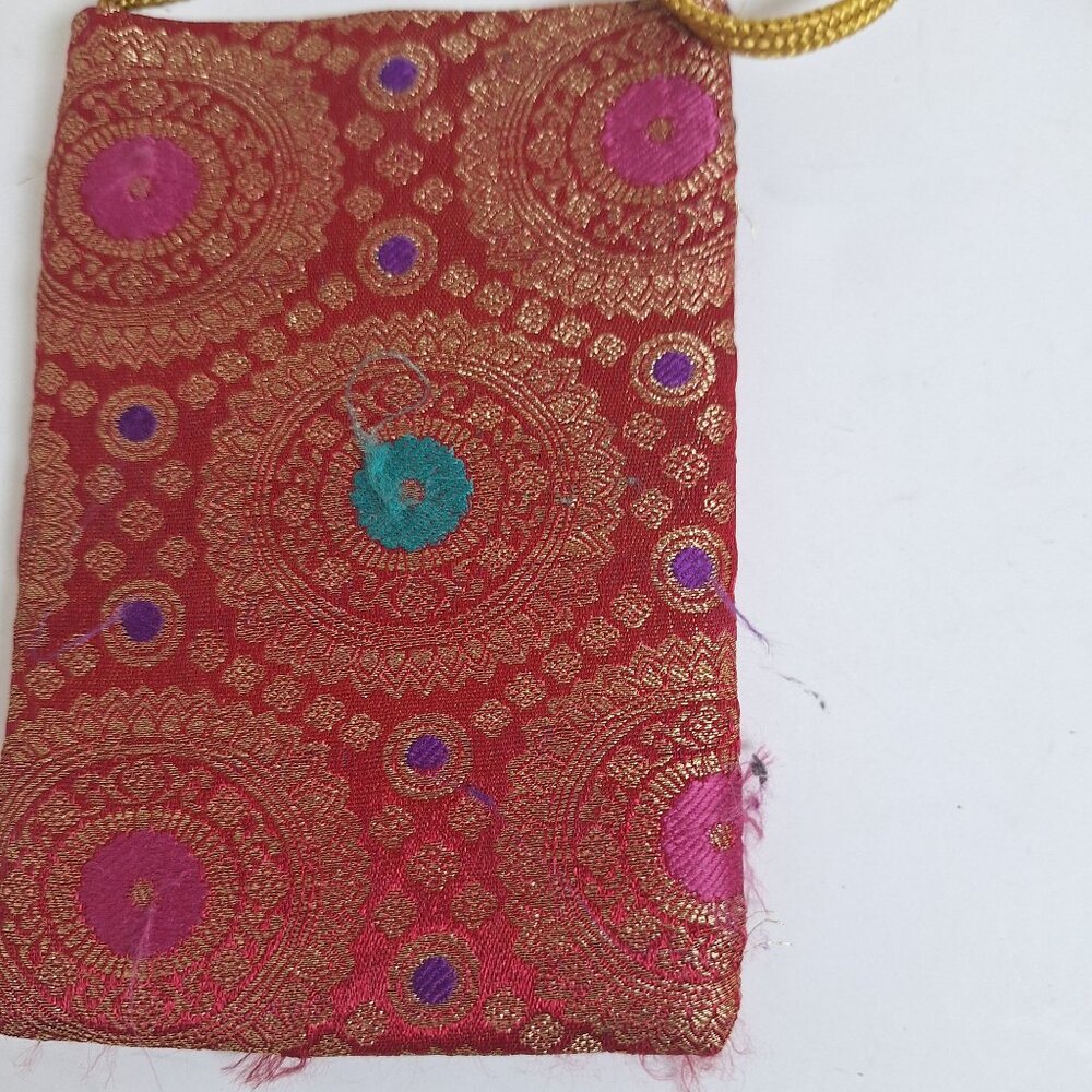 Red & Gold Brocade Crossbody Pouch With Zip Closure & Long Braided Strap - Picture 2 of 5